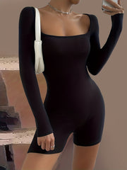 Solid Squared Neck Romper Casual Long Sleeve Bodycon Romper Women's Clothing