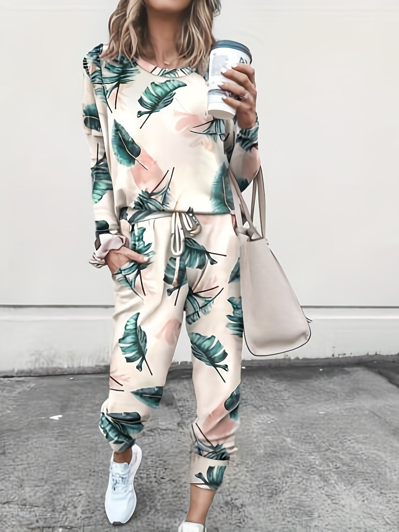 Tropical Print Top & Drawstring Pants Set