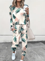 Tropical Print Top & Drawstring Pants Set