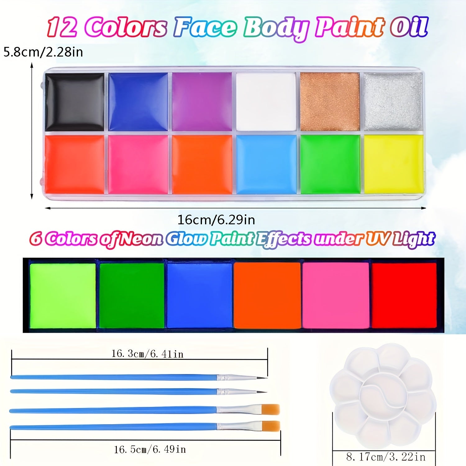 12 Colors UV Face Body Paint Palette with Brushes Waterproof Halloween Cospla