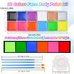 12 Colors UV Face Body Paint Palette with Brushes Waterproof Halloween Cospla