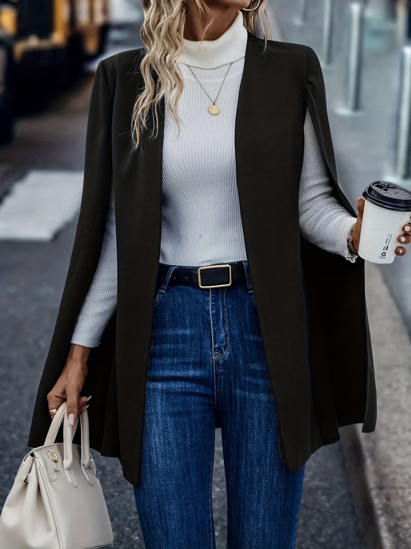 Solid Cape Blazer Open Front Split Sleeve Outerwear