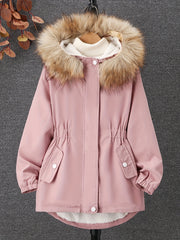 Girls Winter Fleece Hooded Jacket Coat with Drawstring Waist