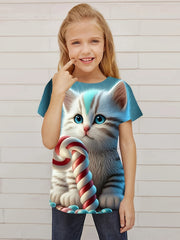 Cat Graphic Short Sleeve T-shirt for Girls