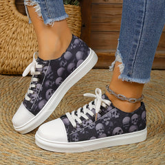 Women's Skull Pattern Flat Sneakers Lace Up Lightweight Canvas Shoes