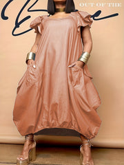 Plus Denim Print Butterfly Sleeve Round Neck Maxi Dress