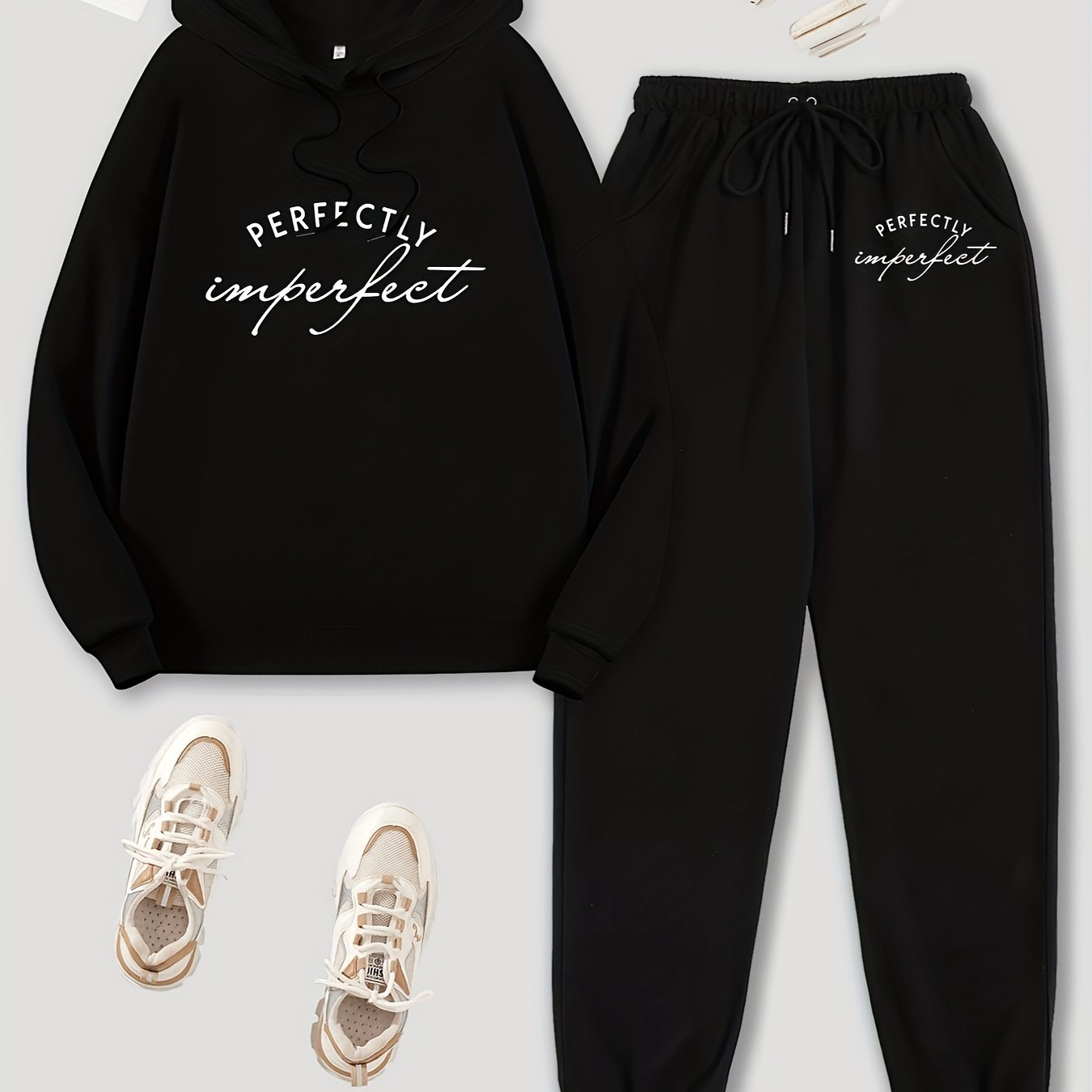 Solid Hoodie & Jogger Pants Set Drawstring Tie Waist