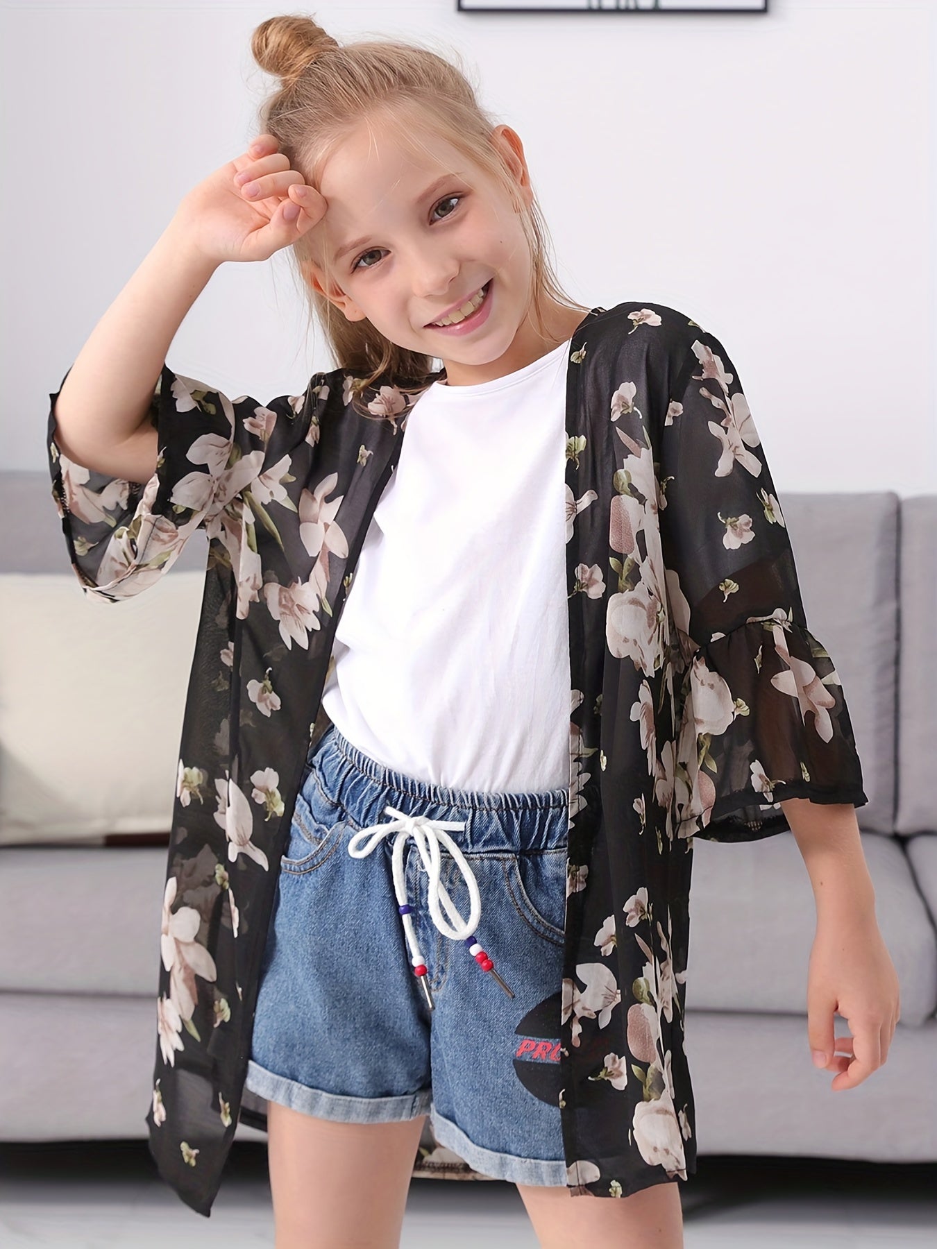 Girl's Floral Chiffon Beach Cardigan Cover Up