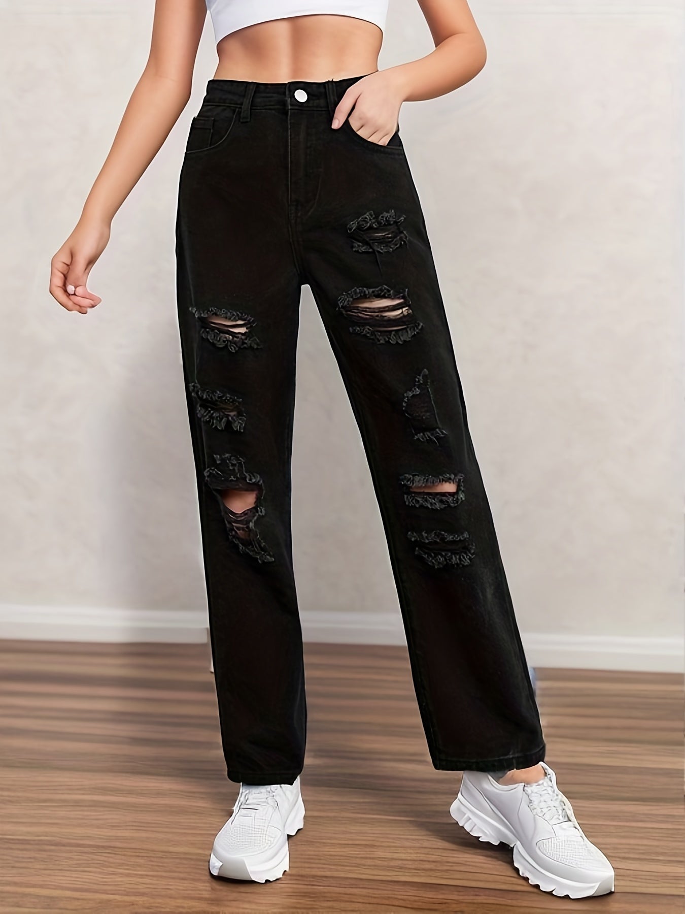 Girls Ripped Jeans Casual Pocket Denim Pants Teen Kids Spring Summer