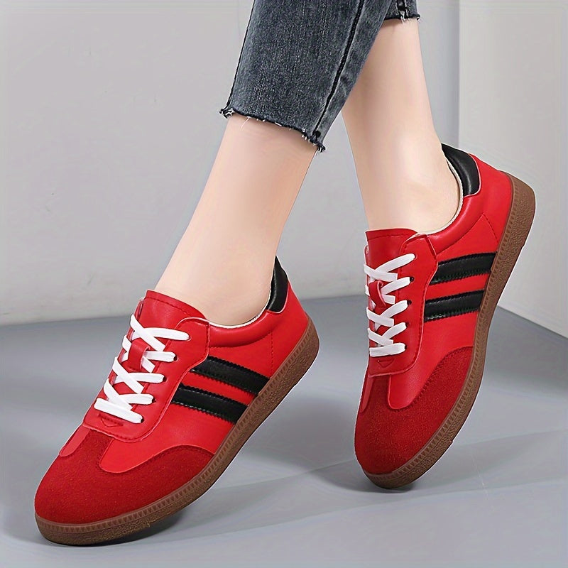 Women's Round Toe Stripe Board Shoes Sporty Flats Soft Sole Low Top