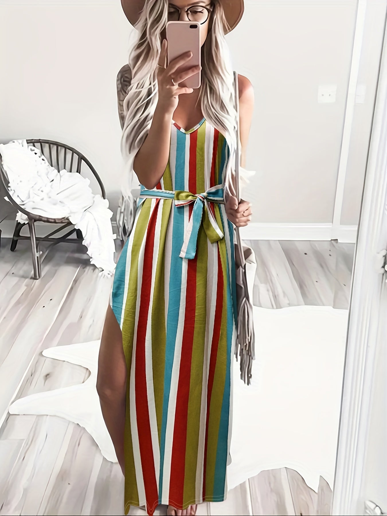 Striped Side Split Cami Dress Casual V neck Belted Spaghetti Dress