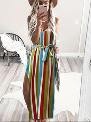 Striped Side Split Cami Dress Casual V neck Belted Spaghetti Dress