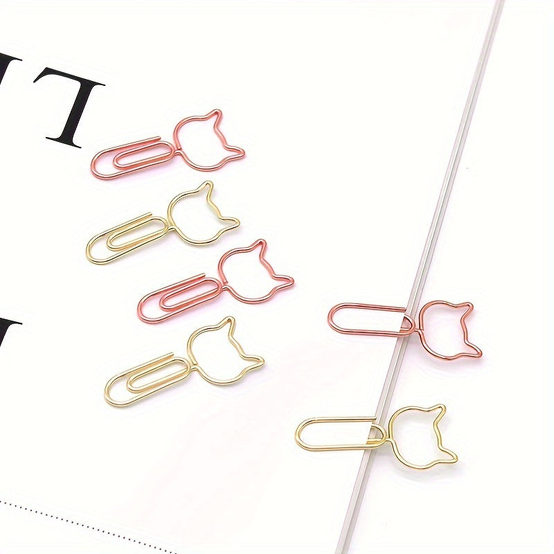 50pcs Cat Shaped Paper Clips Office Stationery Metal Clips Golden Memo Clips