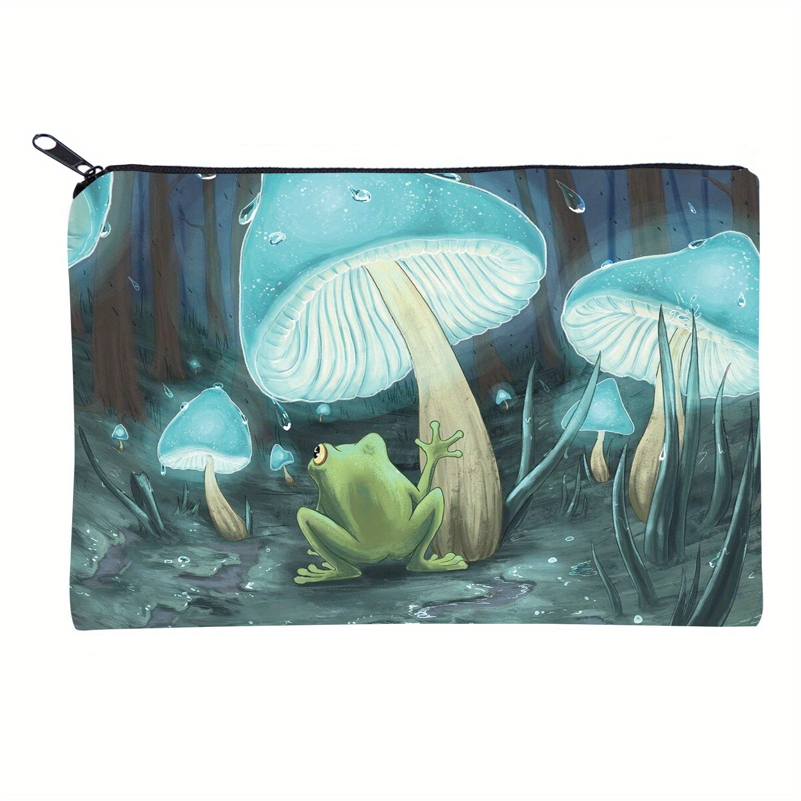 Frog Mushroom Rain Print Cosmetic Bag Zipper Travel Toiletry Bag