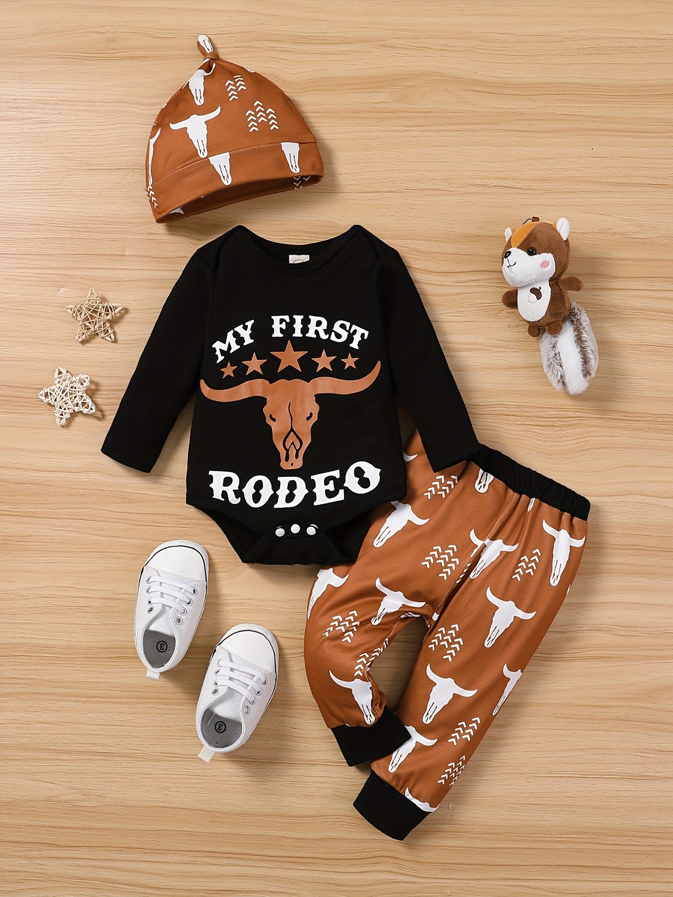 Cartoon Graphic Baby Layette Set: Bodysuit, Pants, Hat