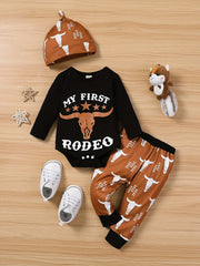Cartoon Graphic Baby Layette Set: Bodysuit, Pants, Hat