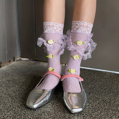 Floral Lace Calf Socks Mesh Knee High Stockings