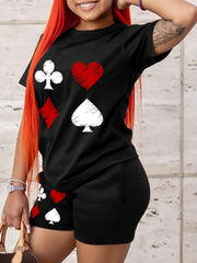 Poker Card Suits Print T-shirt & Shorts 2pcs Set
