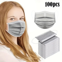 100pcs Disposable Grey Face Mask 3 Layer Cover Breathable & Comfortable