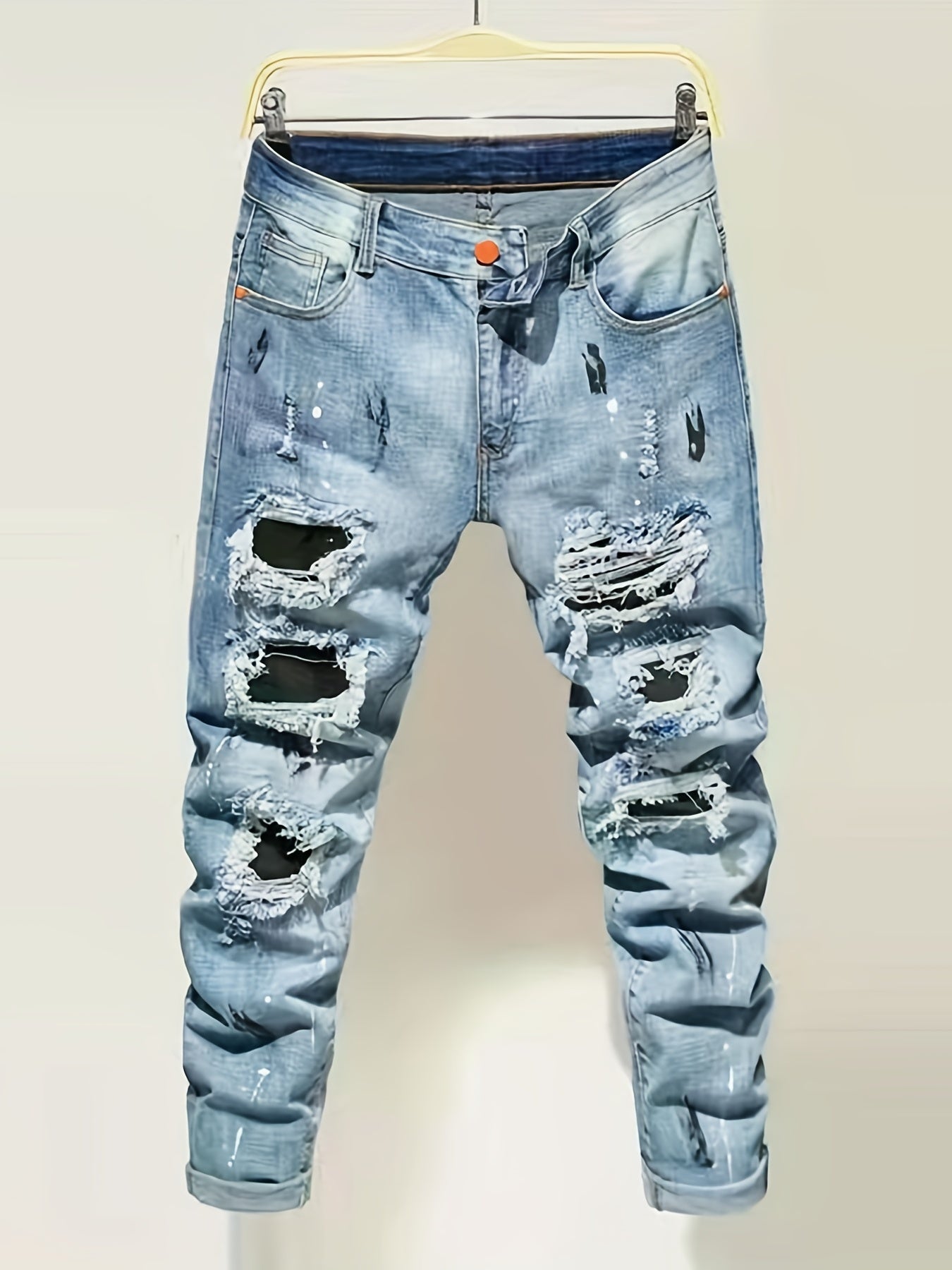 Men's Ripped Cotton Jeans Street Style Distressed Denim Pants