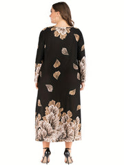Leaf Print Maxi Dress Long Sleeve Round Neck Loose Fit