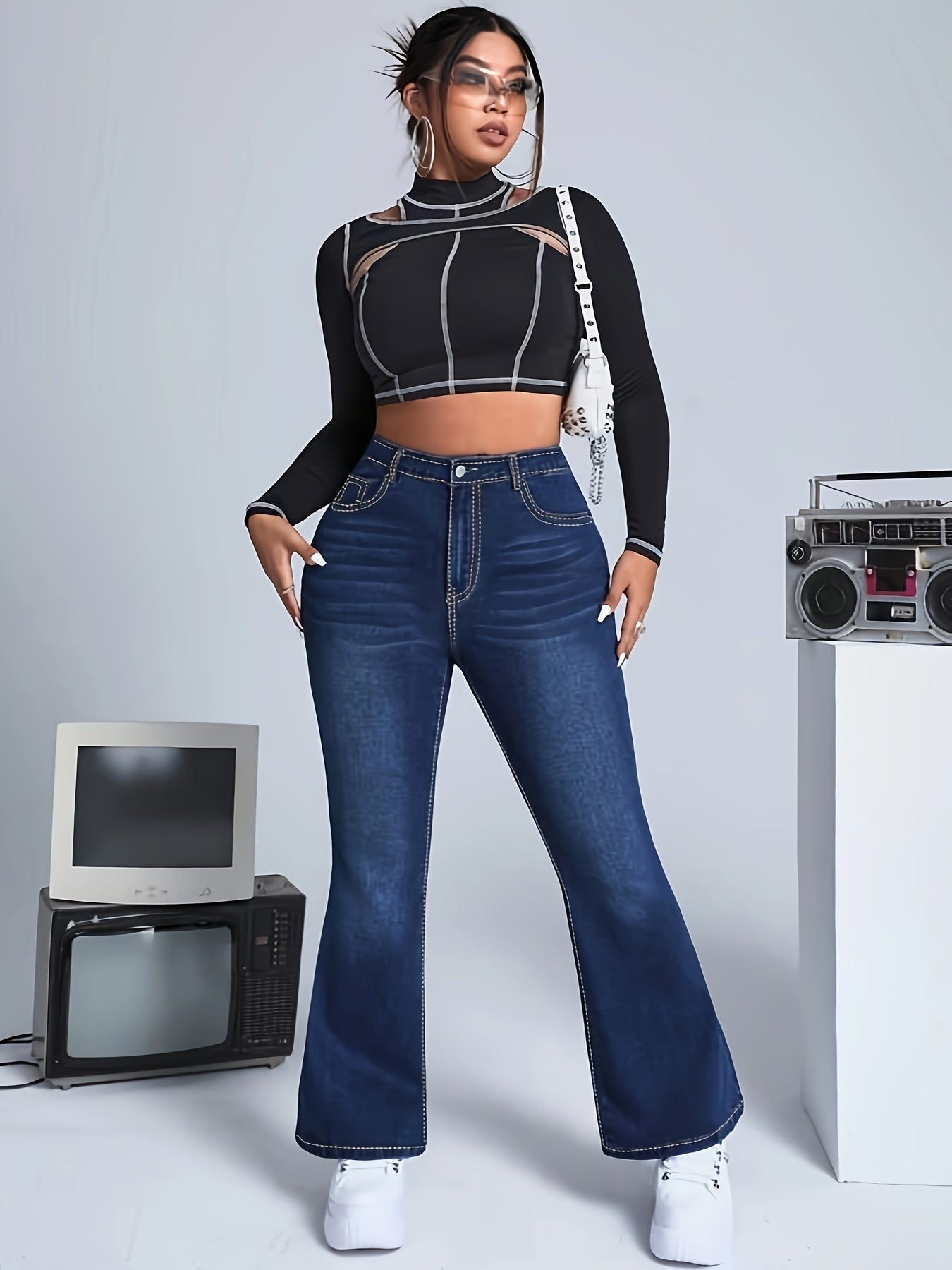 Button Fly High Rise Flared Leg Jeans