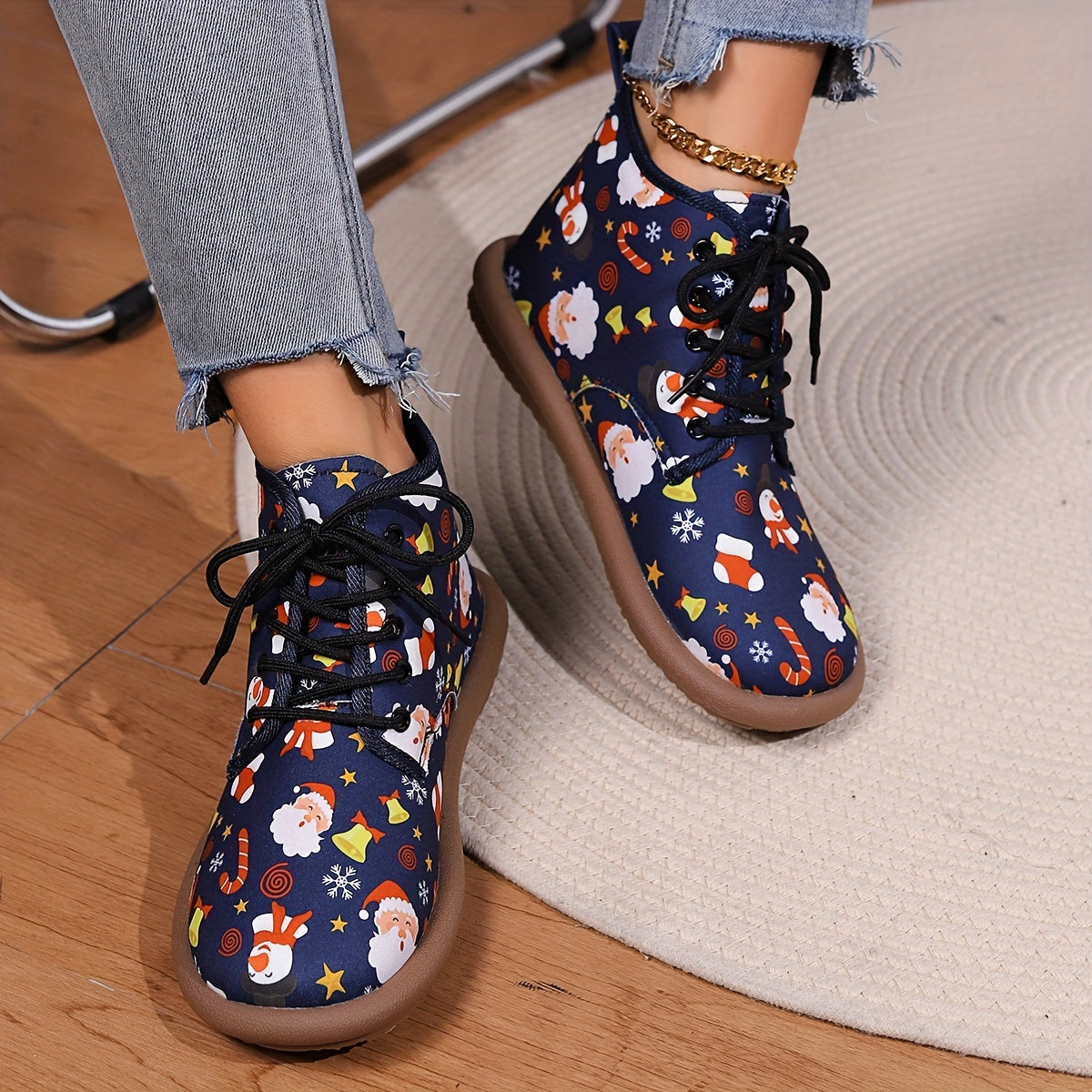 Christmas Lace-up Front Ankle Boots for Women