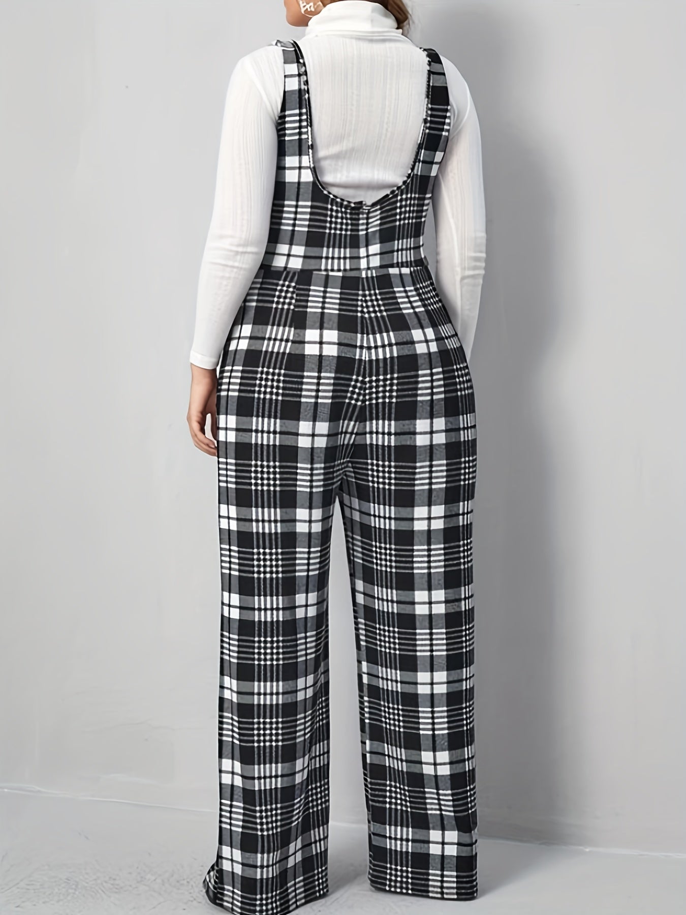 Plaid Overall Straight Leg Jumpsuit Button Decor