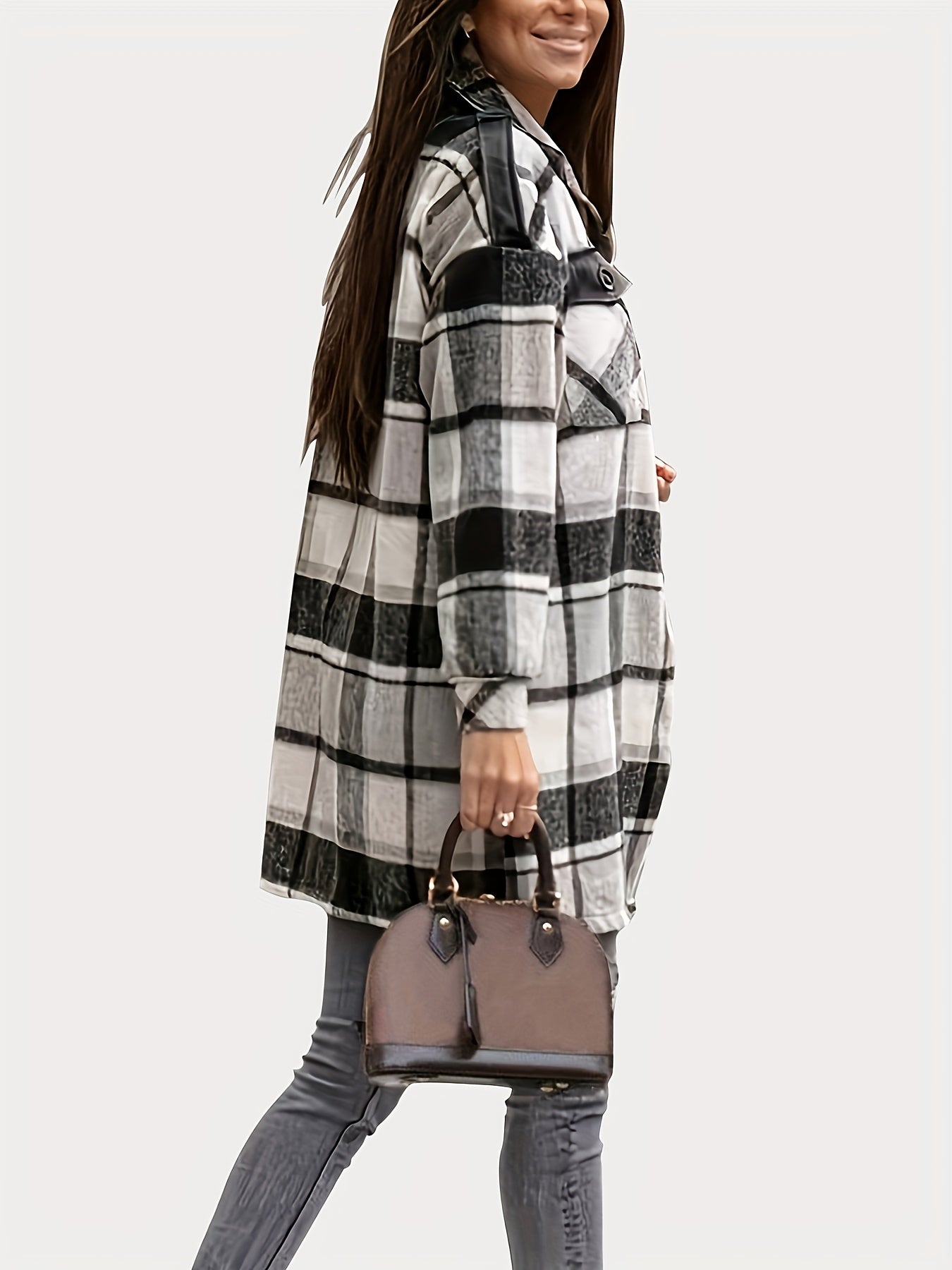 Plaid Print Shacket Jacket Long Sleeve Turn Down Collar Outerwear