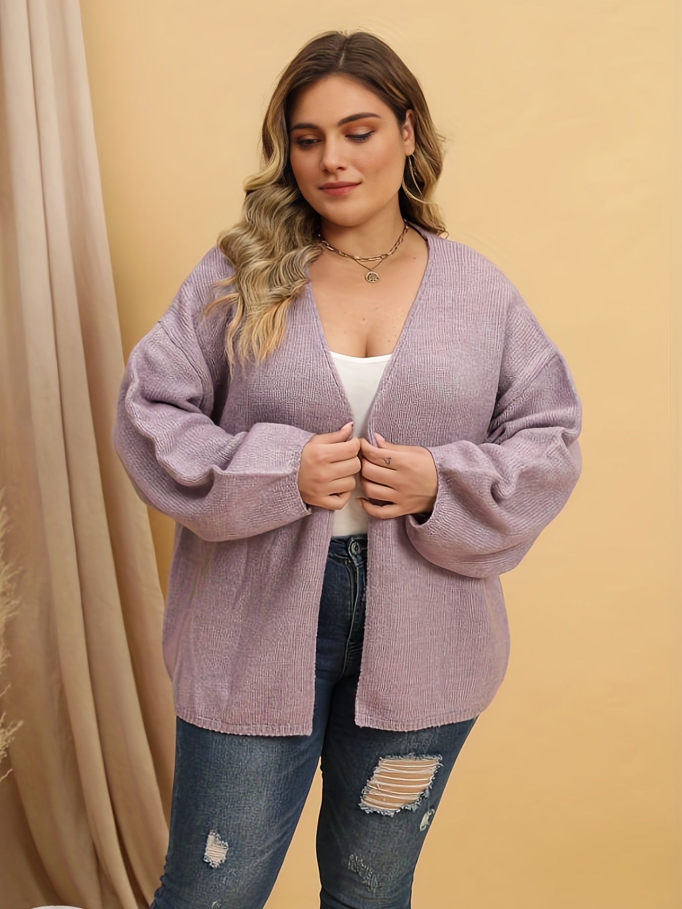 Casual Cardigan Women's Plus Solid Long Sleeve Open Front
