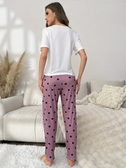 Bear & Letter Print Pajama Set Short Sleeve Top & Pants Women's Sleepwear