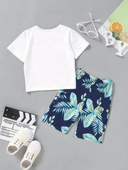 Boys Tropical Leaf & STAND OUT Graphic Print T-shirt & Shorts Set