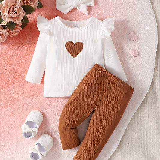 Baby Girls Heart Embroidered Top Trousers Hairband 3pcs Set