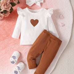 Baby Girls Heart Embroidered Top Trousers Hairband 3pcs Set
