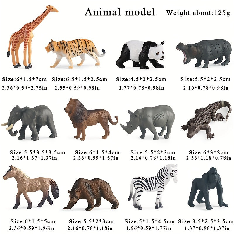 12 Animal Figurines: Lion, Tiger, Giraffe, Zebra, Bear, Elephant, Rhino