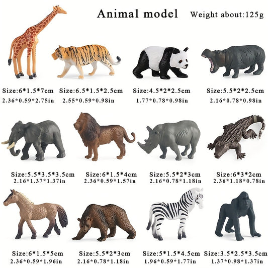 12 Animal Figurines: Lion, Tiger, Giraffe, Zebra, Bear, Elephant, Rhino