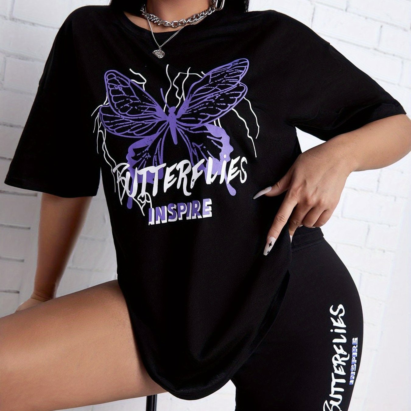 Butterfly Print T-shirt & Biker Shorts Set Women's Outfit