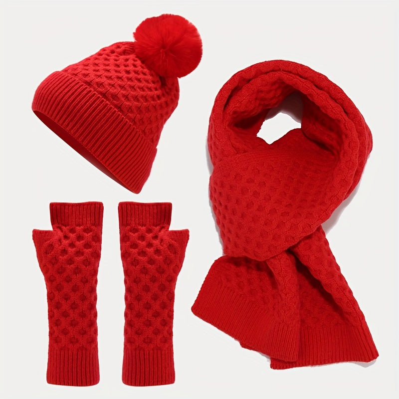 Winter Knit Beanie Scarf Gloves Set Acrylic Warm Accessories Pom Pom Hat