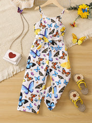 Toddler Girls Butterfly Graphic Belted Cami Rompers Wide Leg Jumpsuits