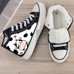 Cow Print Plush Lined Chunky Canvas Sneakers Warm Winter Shoes