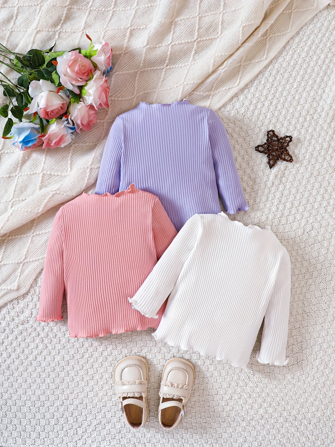 Baby Girl's Ribbed Knit Long Sleeved T-shirt 3pcs Set