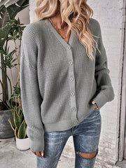 Button Front Knit Cardigan Waffle V Neck Sweater
