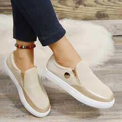 Women's Zip Decor Slip on Flat Shoes Breathable Solid Casual Shoes