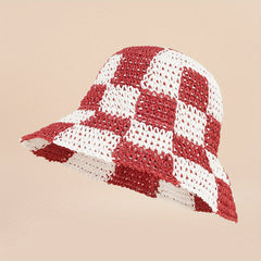 Checkerboard Straw Hat Large Brim Sun Protection Fisherman Hat