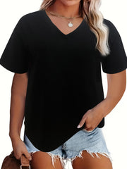 Casual Blouse Women's Plus Solid Drop Shoulder Short Sleeve V Neck