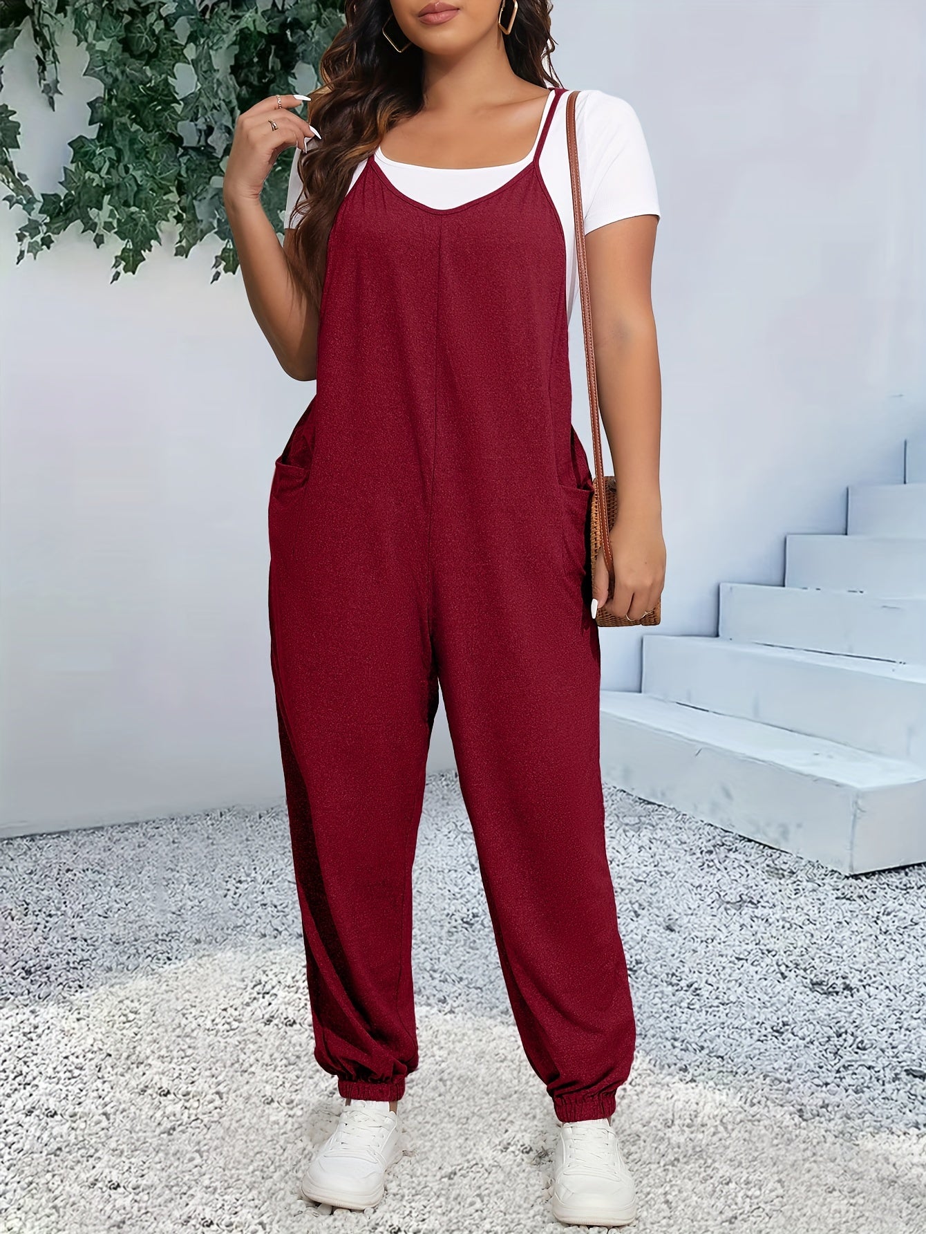 Women's Plus Size Heathered V Neck Cami Jumpsuit