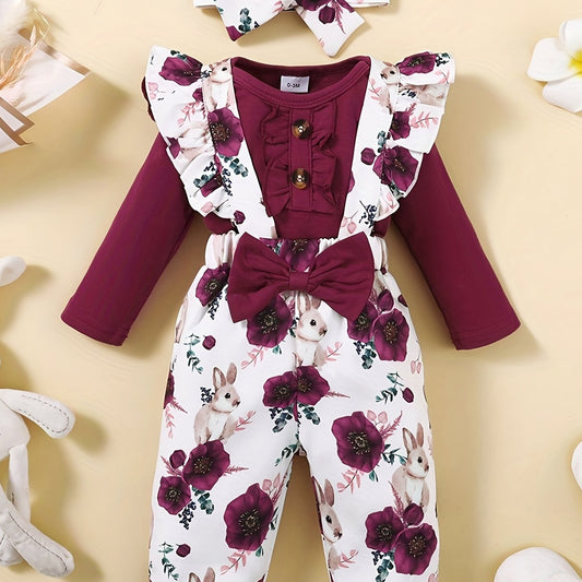 Baby Girls Floral Suspender Pants & Romper Set