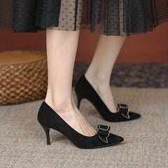 Bowknot Kitten Heels Pointed Toe Slip On Office Work Shoes