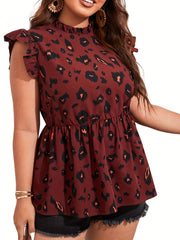 Leopard Print Ruffle Trim Peplum Shirt Top