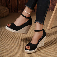 Peep Toe Ankle Strap Wedge Sandals High Heels Comfy Micro Suede